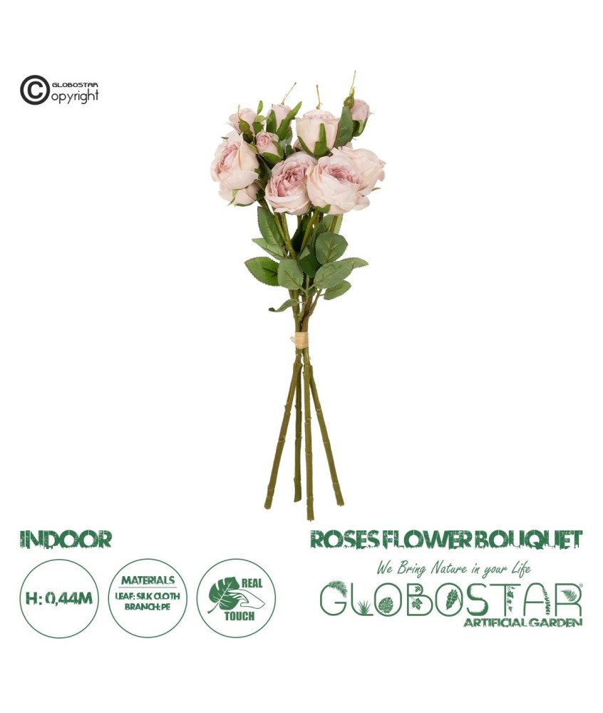 GloboStar® Artificial Garden DUSTY PINK ROSE BOUQUET 21084 Τεχνητό Διακοσμητικό Μπουκέτο Τριαντάφυλλα Ανοιχτό Ροζ Y44cm